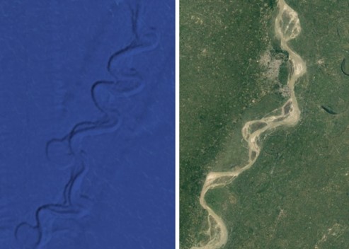 Submerged and aerial Ganges meanders and oxbows